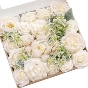 Ling's moment Fake Flowers Box, Faux Artificial Greenery Stems Foam Roses Dahlia Silk Peony Fabic Flower for Centerpieces Bouquet Wedding Vase Floral Arrangement Decoration, Ivory & Sage, Grand Combo