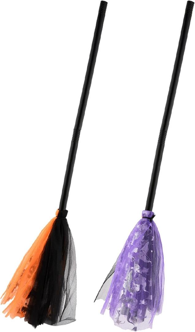 2pcs Kids Witch Broomstick, Halloween Witch Costume Party Decor Broom Props (Orange + Purple)