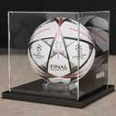 Soccer Ball Display Case Clear Acrylic Display Case Box with Mirror Back and Black Metal Grooved Base Stackable Holder with Removable Built-in Soccer Ball Stand for Sports Collectibles