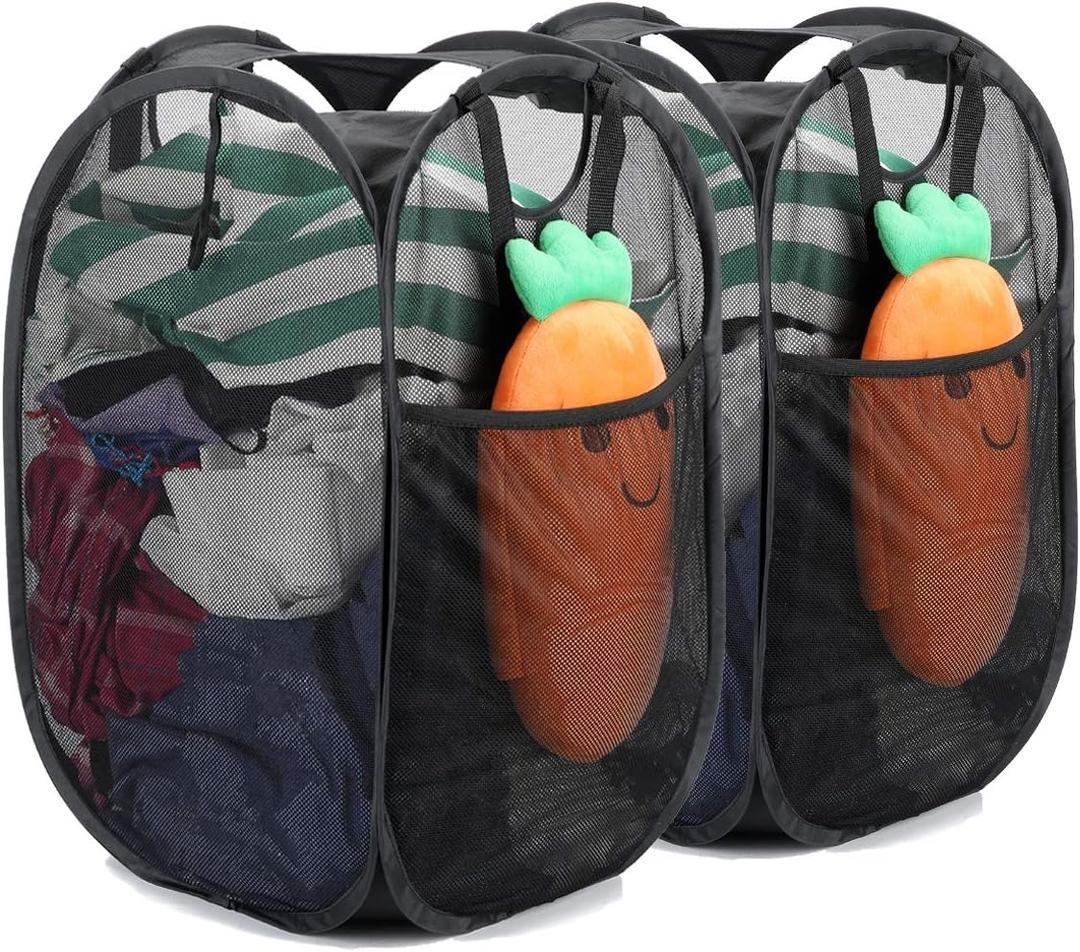 2 Pcs Strong Mesh Pop-up Laundry Hamper, Quality Pop Up Hampers for Laundry with Durable Handles Solid Bottom High Carbon Steel Frame, Easy to Open and Fold Flat for Storage(Black)