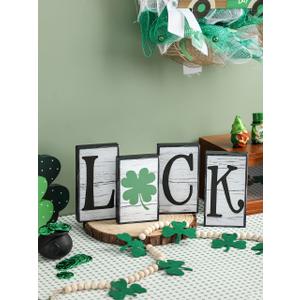 Valentine's Day Décor 4 PCS Reversible St. Patrick's Day Wood Signs Tiered Tray Mantle Shelf Décor for Valentine Farmhouse Heart Shamrocks Wood Blocks