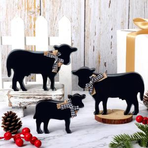 Bucherry 3 Pcs Wooden Cow Table Decorations, Farmhouse Cow Signs, Farm Wooden Figurines, Rustic Country Tiered Tray Decor, Western Tabletop Centerpieces for Kitchen Room Desk Shelf(Popular Style)