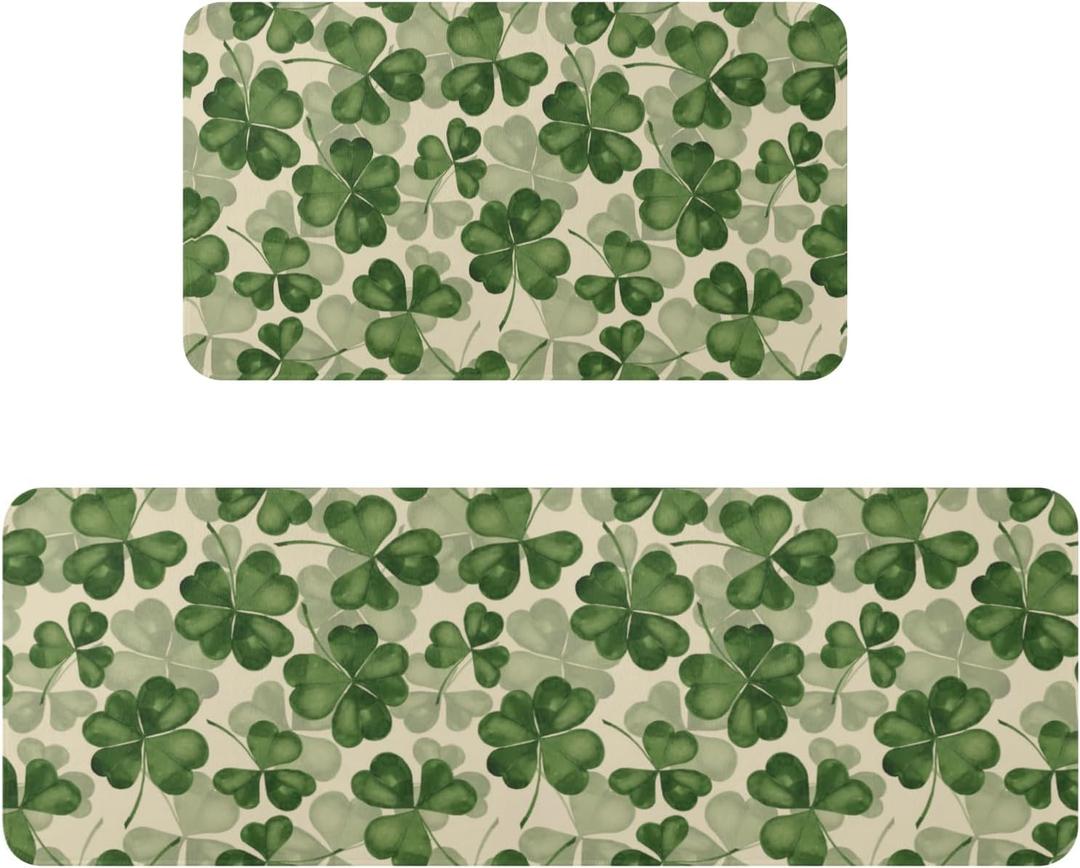 St Patricks Day Kitchen Mats for Floor Set of 2 Green Cream Clover Shamrock Holiday Theme Kitchen Rugs Non Slip Washable Absorbent Kitchen Runner Rugs Decor,17x30 and 17x47 Inch