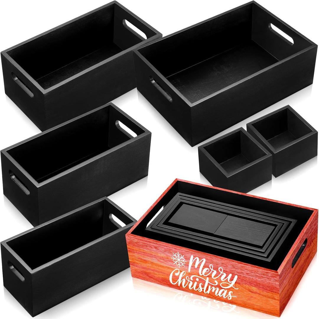 Set of 6 Wood Storage Boxes with Handles Wooden Nesting Crates Rustic Farmhouse Storage Container for DIY Crafts Party Home Table Decoration Display(Black)