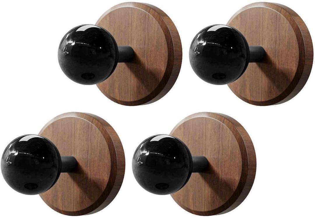 Adhesive Wooden Wall Hooks,4-Pack Farmhouse Decorative Natural Dark Walnut Wall Mounted Hooks for Towel,Keys,Hats,Coats,Robe, Bags& More - Durable & Stylish Home Decor for Entryway, Bathroom, Bedroom