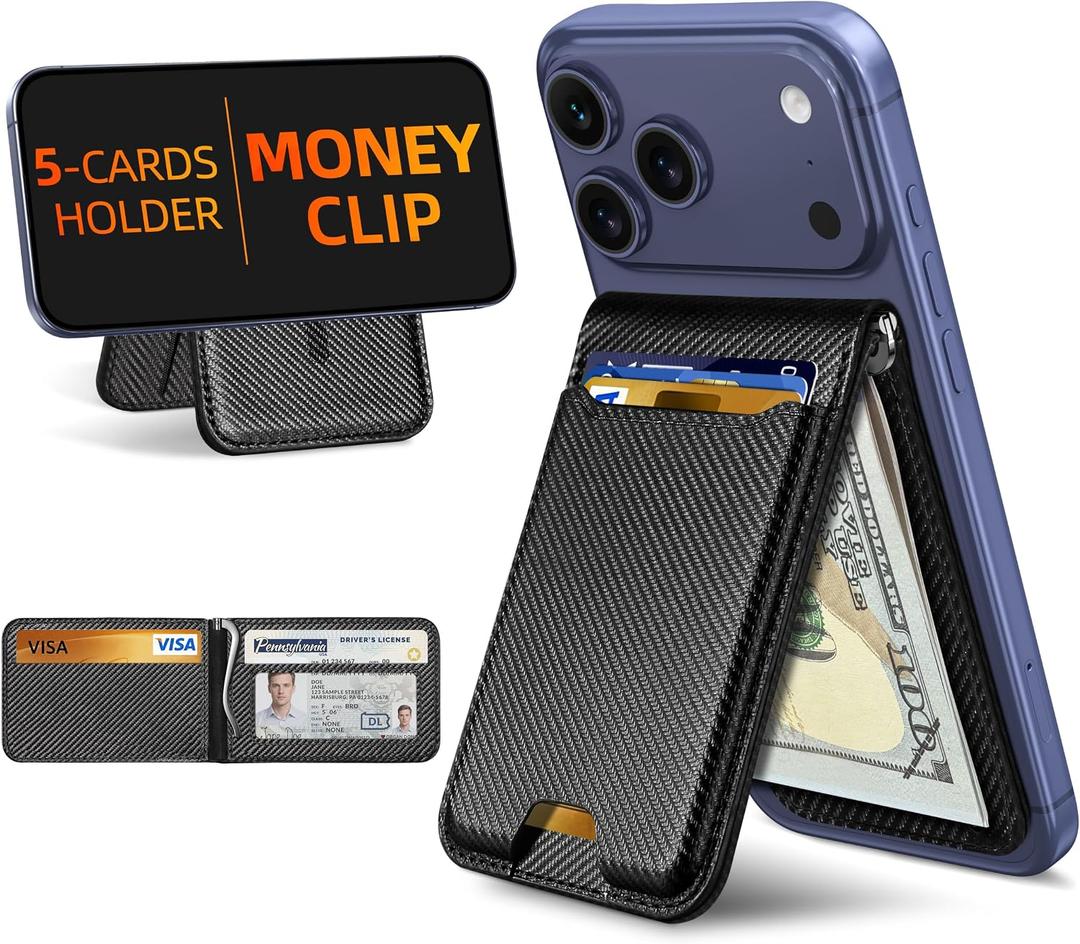  Magsafe Wallet with Money Clip, 5 Card Holder, Adjustable Stand | Strongest Magnetic Wallet for iPhone 17/16/15/14/13/12 Series, ID Window, Vegan Leather, Not for Mini, Black Carbon Fiber