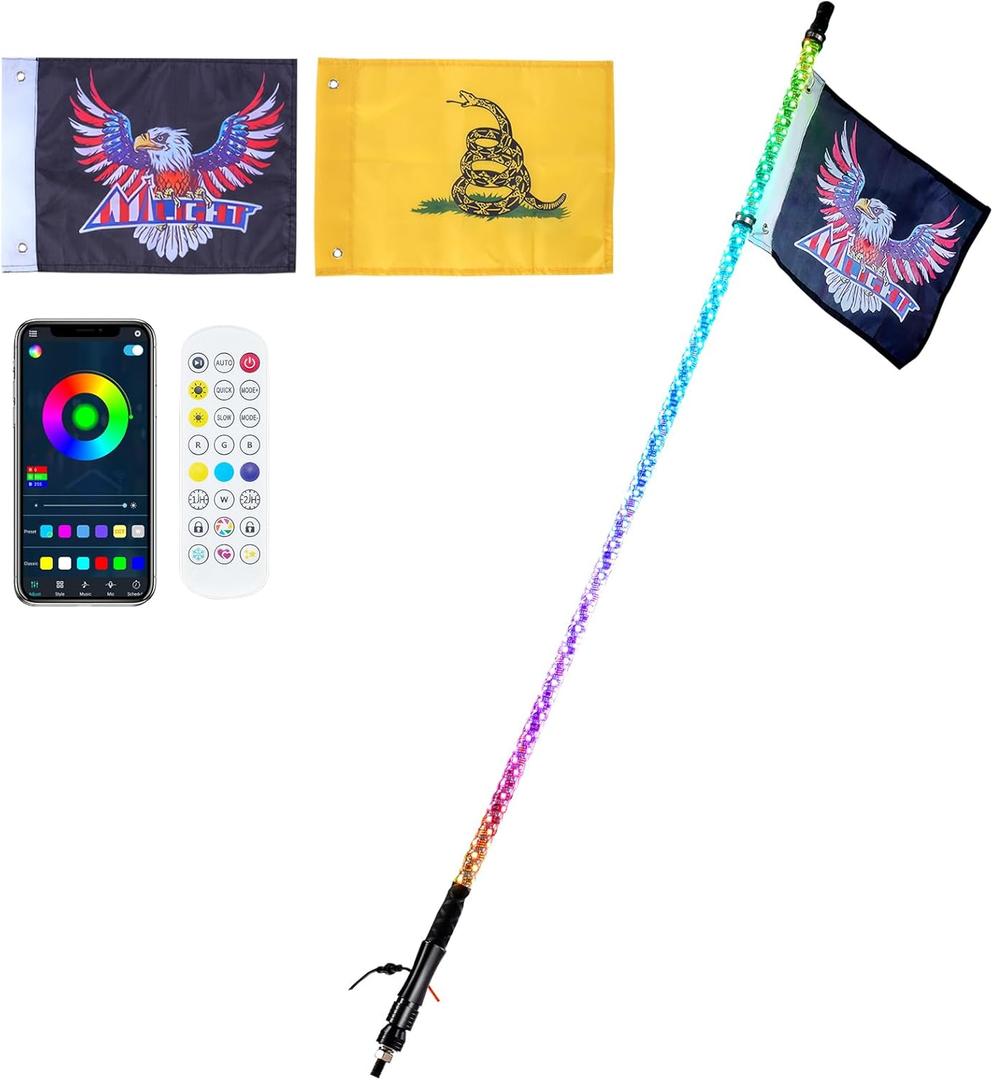 1 PC 4 FT Whip Light, APP & RF Remote Control Led Whip Light, Waterproof 360° Spiral RGB Chasing Lighted Whips with 2 Flags, for UTVs, ATVs, Motorcycles, RZR, Can-am, Trucks, Off-Road, Go-Karts