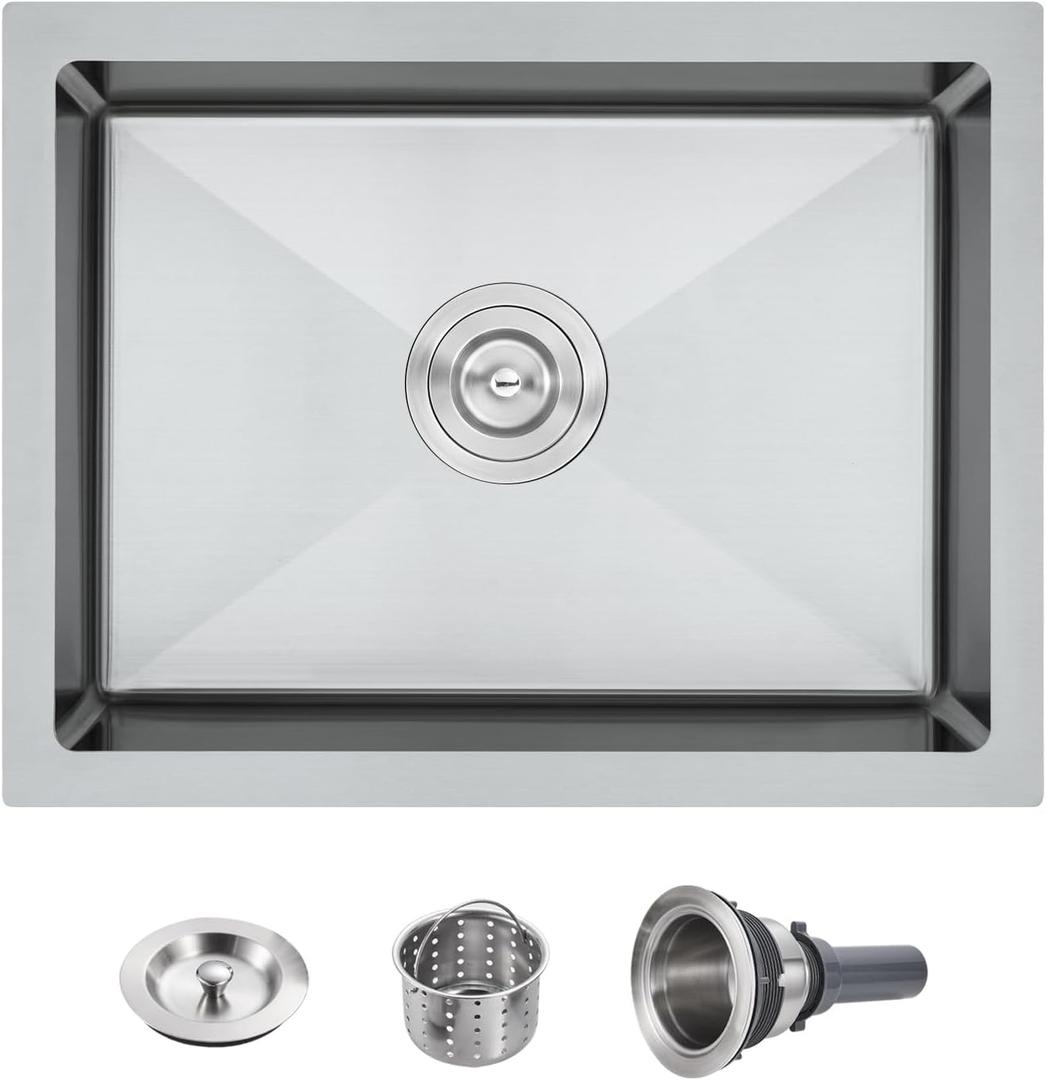 POPFLY 23 Inch Undermount Kitchen Sink, Single Bowl 18 Gauge 304 Stainless Steel Outdoor Sink, 2318 In Bar Prep Small Undermount Kitchen Sink, Brushed Nickel