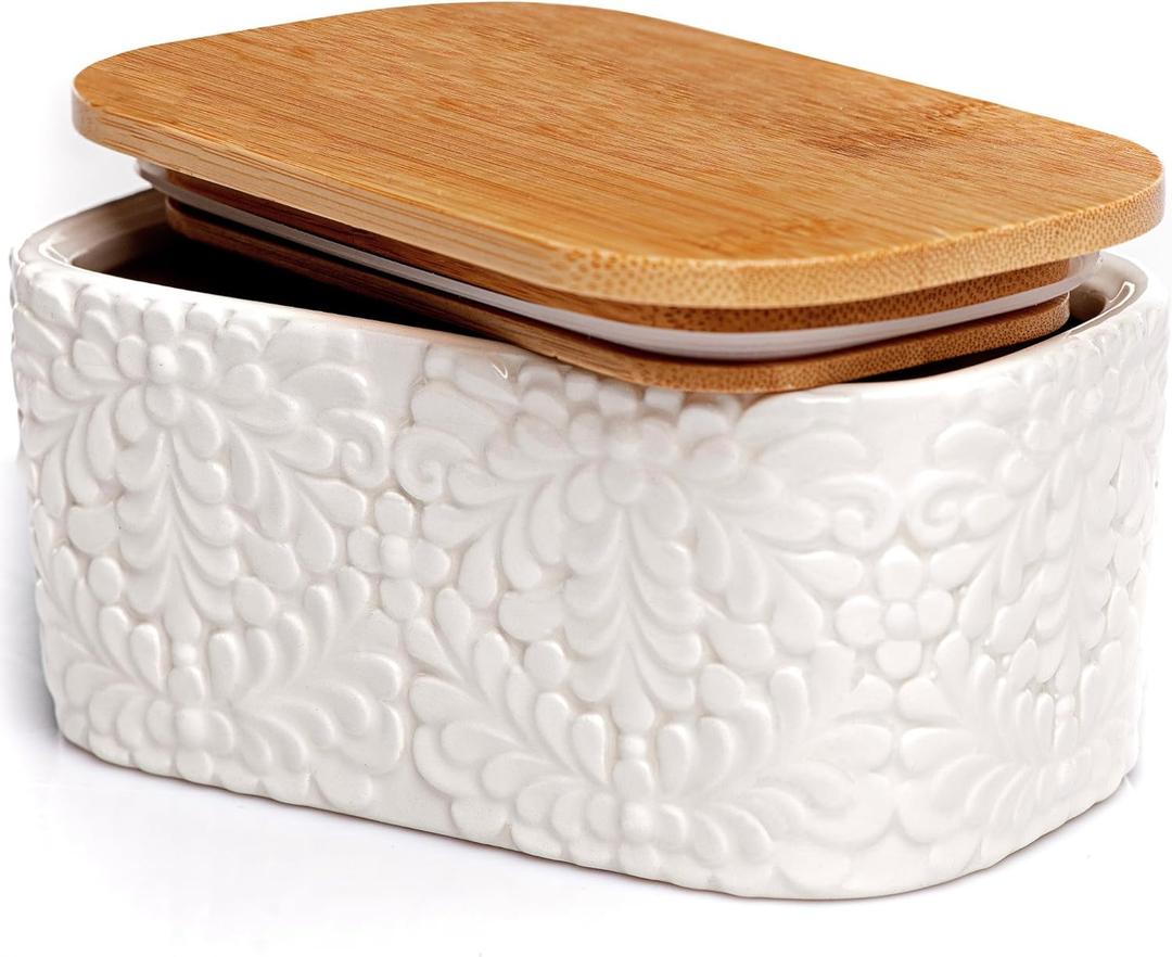 Butter Dish with Airtight Bamboo Lid for Countertop & Fridge - Ceramic Butter Dish Keeper with Nature-Inspired Engraving