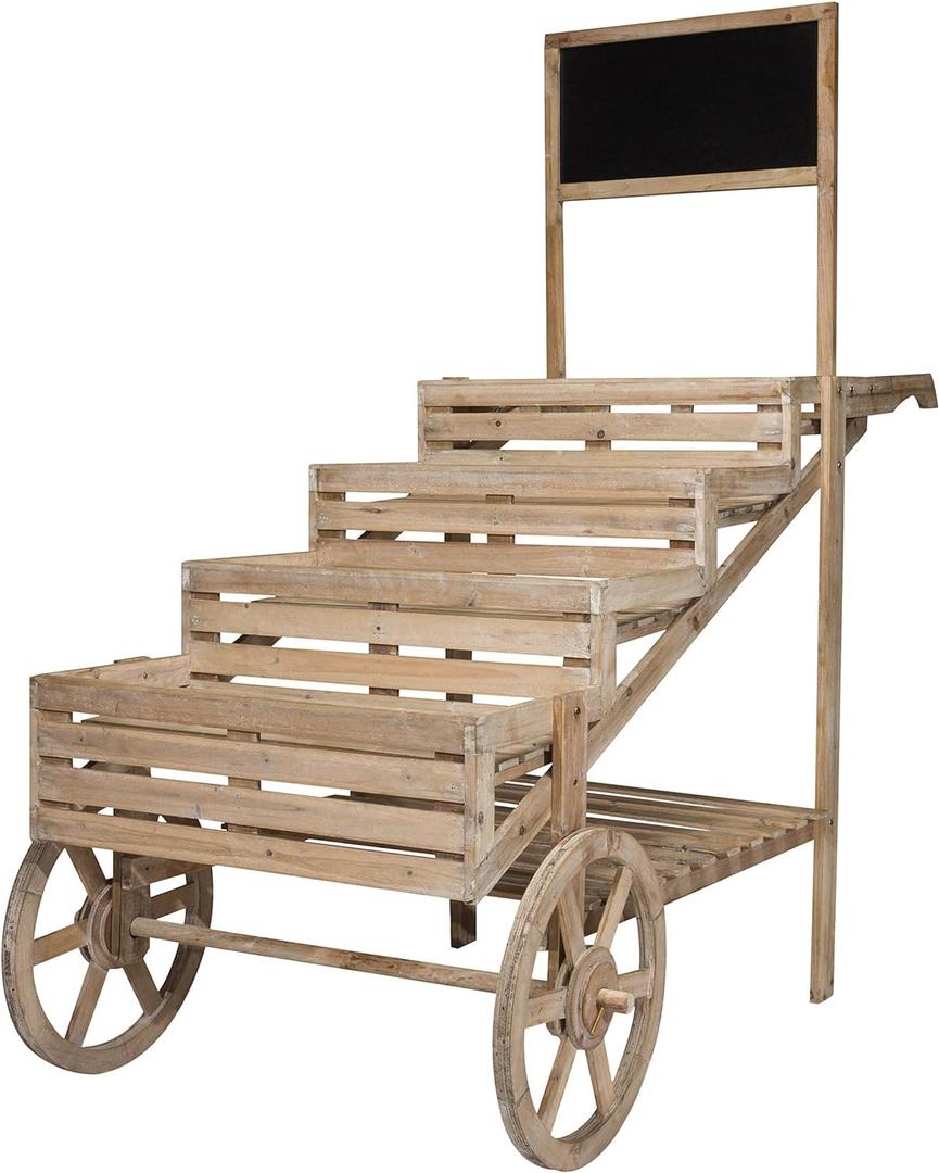 Alpine Corporation 59" Tall Indoor/Outdoor Wooden Cart Plant and Display Stand with Chalkboard
