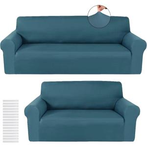 Peryiter 2 Pcs Sofa Covers Loveseat Couches Covers for Living Room Slipcover Set Furniture Protector for Couch Arm Chair, Form Fit Stretch, Wrinkle Proof(Peacock Blue,Milk Silk)