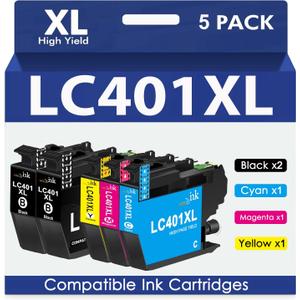 LC401XL Ink Cartridges for Brother Printer Compatible for Brother LC401 401XL Ink cartridges with MFC-J1010DW MFC-J1170DW MFC-J1012DW MFC-J1800DW (5 Pack, 2 Black Cyan Magenta Yellow)