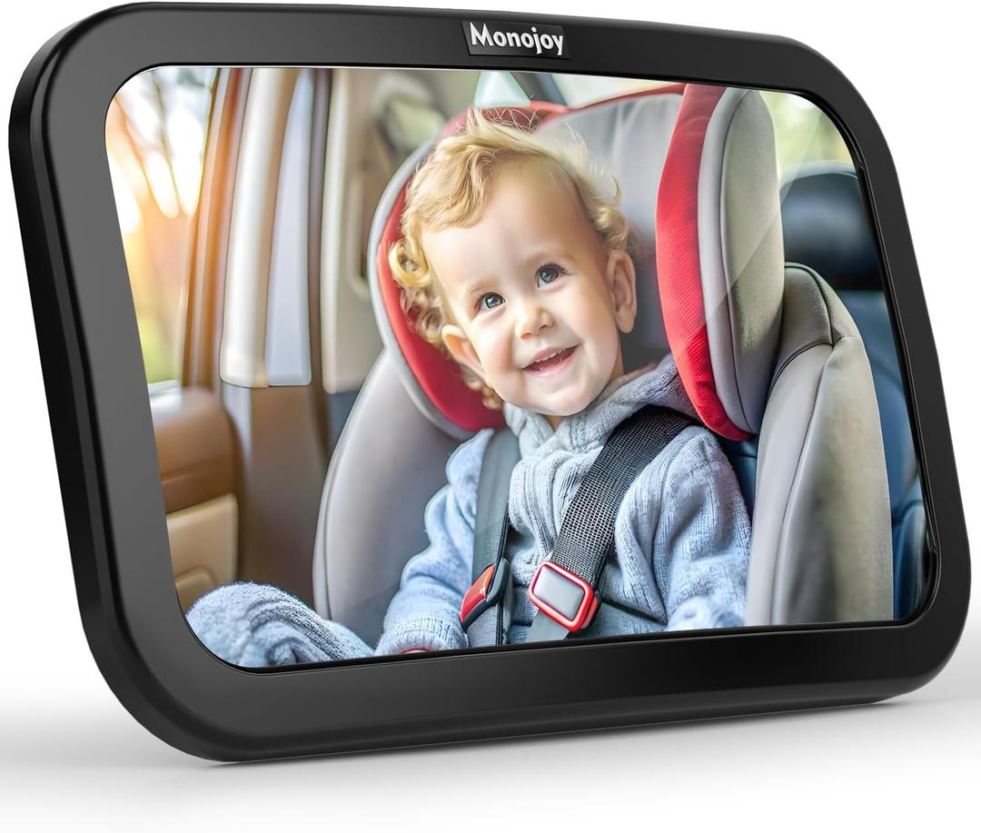 MONOJOY Baby Car Mirror Travel Car-Seat Infant Mirrors Safety Kids Rear View for Rear Facing with Wide View 360 Rotating|Adjustable|Shatterproof Convex Child Mirror, 11.8  x 7.25 , Black