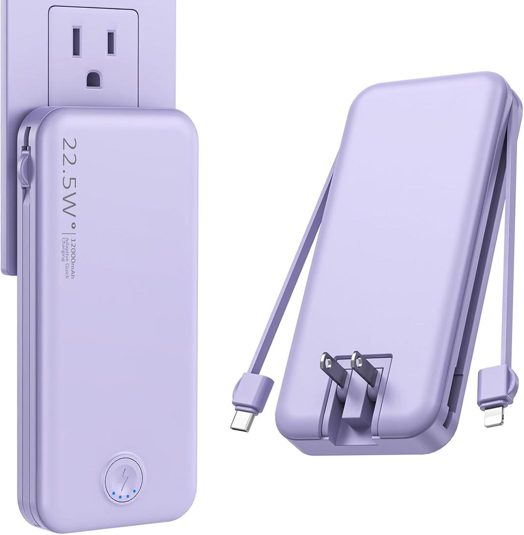 Portable Charger with Built in Cable and AC Wall Plug, USB C Power Bank 12000mAh 22.5W Super Fast Charging, Lightweight Portable Phone Charger Travel Battery Pack for iPhone, ect (Purple)