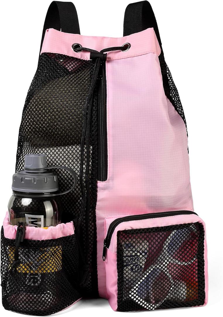 BeeGreen Mesh Bags for Swimming Gym Pool Sports Beach Drawstring Backpack for Men Women Swimmers Workout Gear Cinch Bag Wrestling Pink