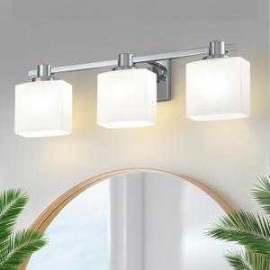 24 Inch Chrome Bathroom Light Fixtures Over Mirror 3 Light Bathroom Vanity Light Silver Modern Industrial Makeup Lighting Wall Sconce Shower Farmhouse Rustic Milk Glass Lamp Above Desk Sink