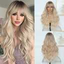 Blonde Wig for Women, Long Blonde Wavy Wig with Bangs 26 Inch Wigs Natural Looking Heat Resistant Synthetic Wig for Daily Party Use