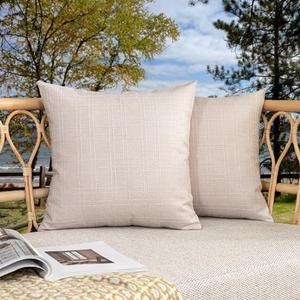 Kevin Textile Pack of 2 Outdoor Waterproof Throw Pillow Covers Decorative Farmhouse Checkered Square Solid Cushion Cases for Patio Garden Porch Sofa Light Beige 18x18 inch