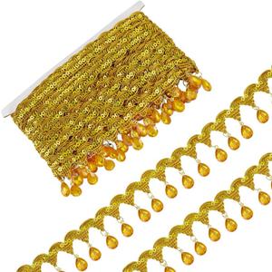 FINGERINSPIRE 9.8Yards(9m) Hanging Beads Fringe Lace 1.9inch Wide Gold Rhinestone Bead Fringe Trim Polyester Sewing Fringe Tassel Trim by The Yard for Handmade DIY Clothing Curtain Decoration
