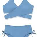 ESHOO Girls Swimsuits 2 Piece Bathing Suit Cute Bikini Sets V Neck Criss Cross Swimwear with Chest Pad for Teen Girls Size 11-12 Years