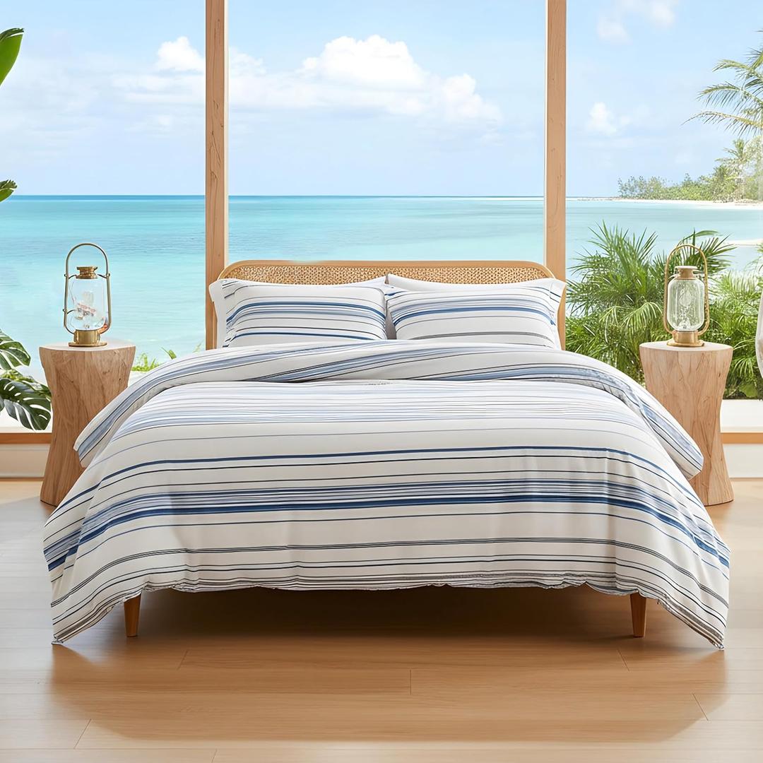 Southshore Fine Living, Inc. 3-Piece Oversized King Comforter Set, Down Alternative Blue and White Comforter with Matching Shams, Striped Bedspread for California/King Beds, Coastal Stripes Blue