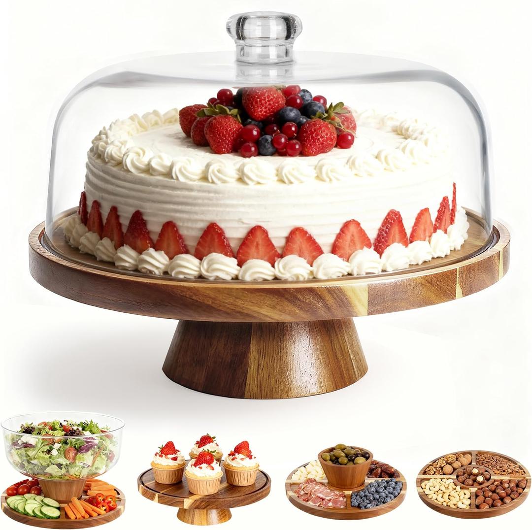 VALESKA Acacia Wood Cake Stand with Lid, 2-in-1 Dessert Table Display Set & Charcuterie Board with 12In Acrylic Dome, Serving Platter, Fruit Platter, Cake Plate