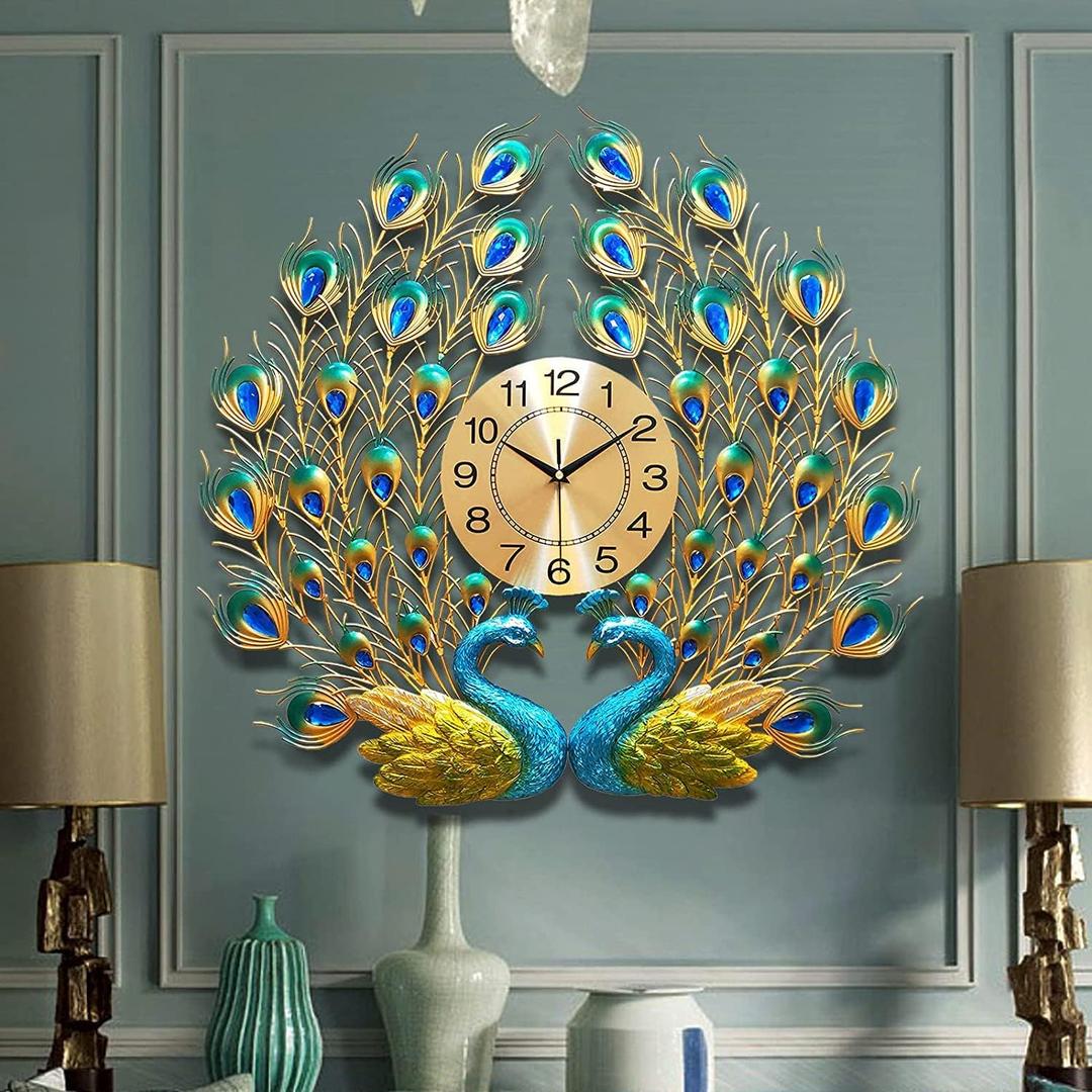 Large Peacock Wall Clock 27.6 inch Non-Ticking Silent Crystal Creative Personality Modern Art Decorative Wall Clocks for Living Room Decor (27.6 * 27.6inch, Yellow)