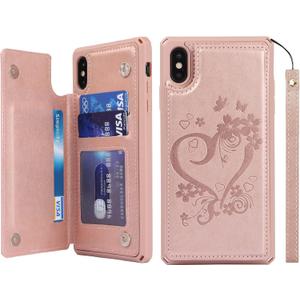 iCoverCase Compatible with iPhone X/XS Wallet Phone Case with Card Holder for Women, RFID Blocking Embossed PU Leather Wrist Strap Case 10/10S 5.8" (Heart Rose Gold)