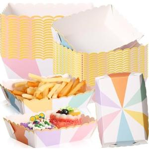 Dunzoom 30 Pcs Pastel Paper Food Trays Striped Pastel Party Decoration Birthday Supplies Disposable Food Boats Plates with Scalloped Gold Foil for Hot Dog Nacho Popcorn Snack Serving