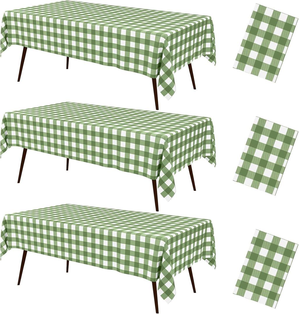 misaya 3 Packs Buffalo Disposable Table Cloth, 54 x 108 Inch Waterproof Plastic Tablecloth, Rectangle Sage Green and White Checkered Table Covers for Picnic, Birthday, Party