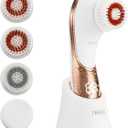 Electric Face Brush Scrubber Rechargeable Facial Exfoliator IPX-7 Waterproof Spin Cleanser Rotating Spa Machine for Exfoliating, Massaging and Deep Cleansing with 4 Brush Heads (White & Rose Gold)