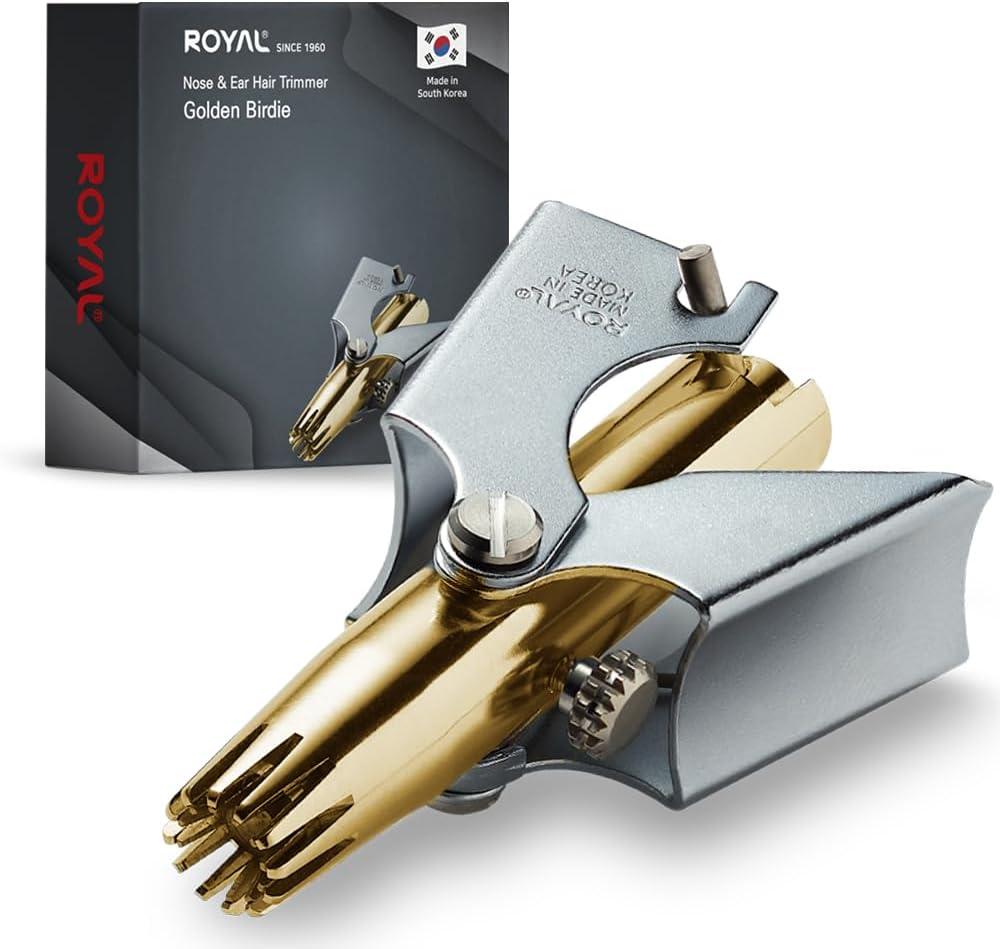 ROYAL Gold Nose hair trimmer for men, Golden Birdie, Allergy-free, Manual, Battery-free, Waterproof, Painless with Twelve Dual-Edged blades, Patented Mechanism ET-4PG