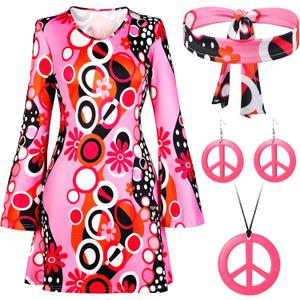 Haysandy 70s 60s Hippie Costume Set Women Disco Outfit Accessories for Halloween Carnival Earrings Necklace Headband (Small)