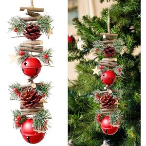 23.6 Inches Christmas Pinecone and Bell Hanging Garland Decoration, Rustic Wood Stick and Pine Leaf Garland with Bells, Holiday Ornament for Door Wall Fireplace, Indoor Outdoor Xmas Decor (Red)
