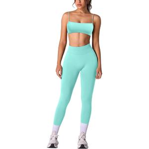ABOCIW Workout Sets for Women 2 Piece Seamless Bandeau Strappy Sports Bra High Waist Leggings Yoga Gym Work Out Clothes (Small, Mint Green)