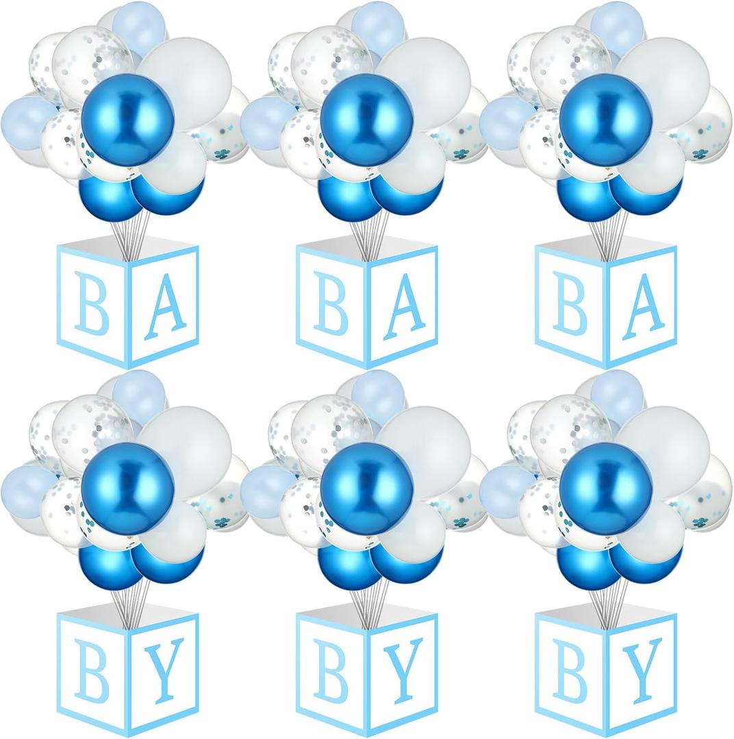 6 Sets Blue Boy Baby Shower Table Centerpiece with Paper Letter Boxes, Stand, Blue and White Balloon DIY Baby Shower Party Table Decor Kit for Boy 1st Birthday Gender Reveal Party Supplies