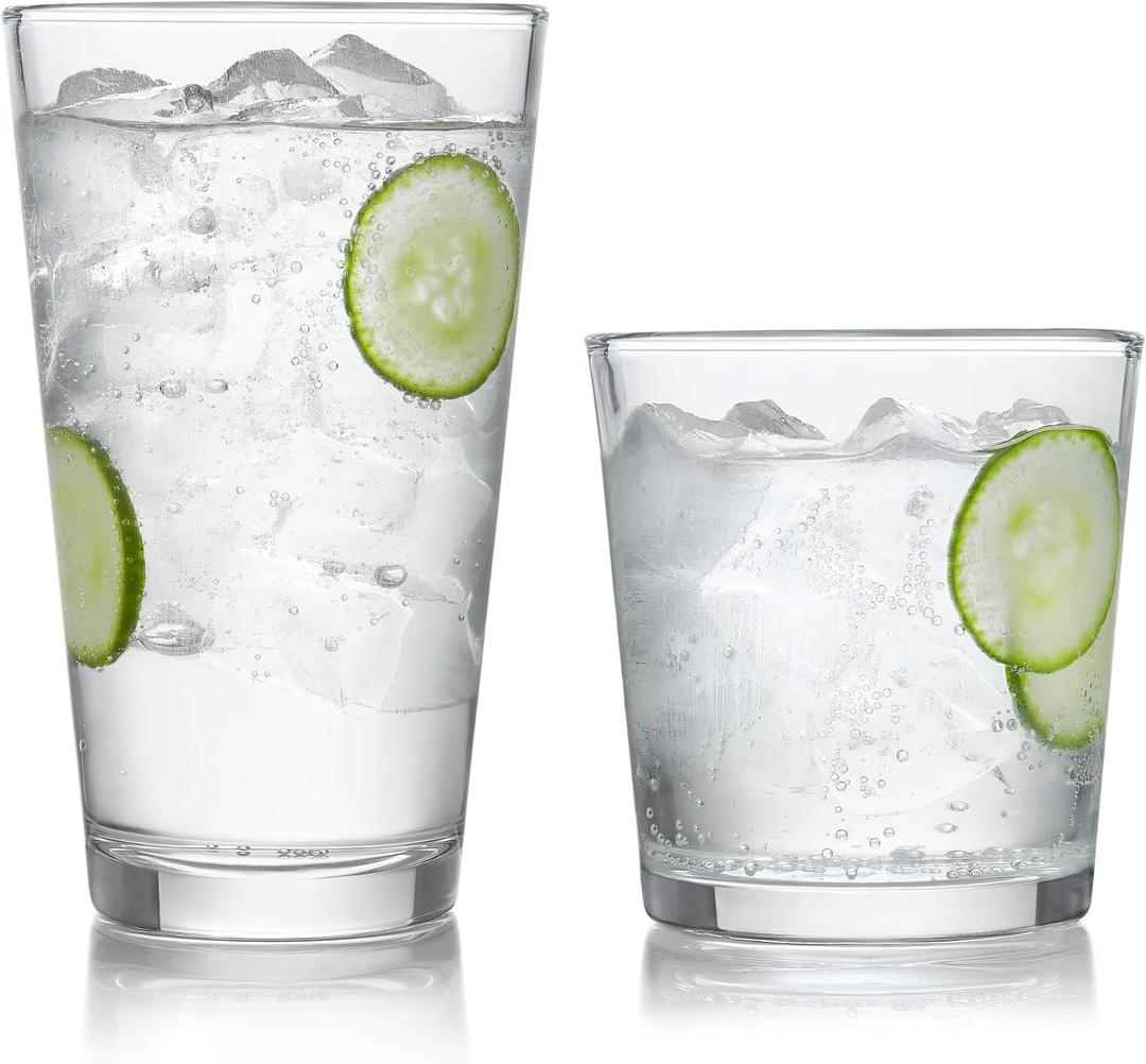 Libbey Preston Tumbler and Rocks Glass Cups Set, All Purpose Everyday Drinking Glasses Set of 16, Glassware Drinking Glasses for Birthdays, Dinners