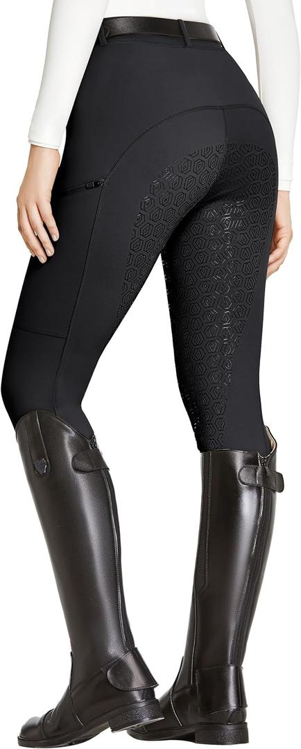 FitsT4 Sports Women's Full Seat Riding Tights with Zipper Pockets Horseback Riding Pants Equestrian Breeches for Women (Medium, Black)