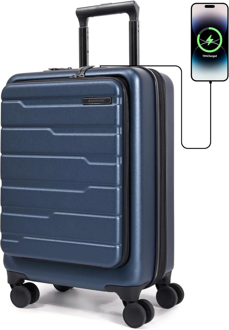 BAGSMART Expandable Carry On Luggage 22x14x9 Airline Approved, 20 Inch Suitcase with Spinner Wheels, Charging Ports, TSA Lock, Hard Shell Front Opening for Men Women Travel Business, Blue