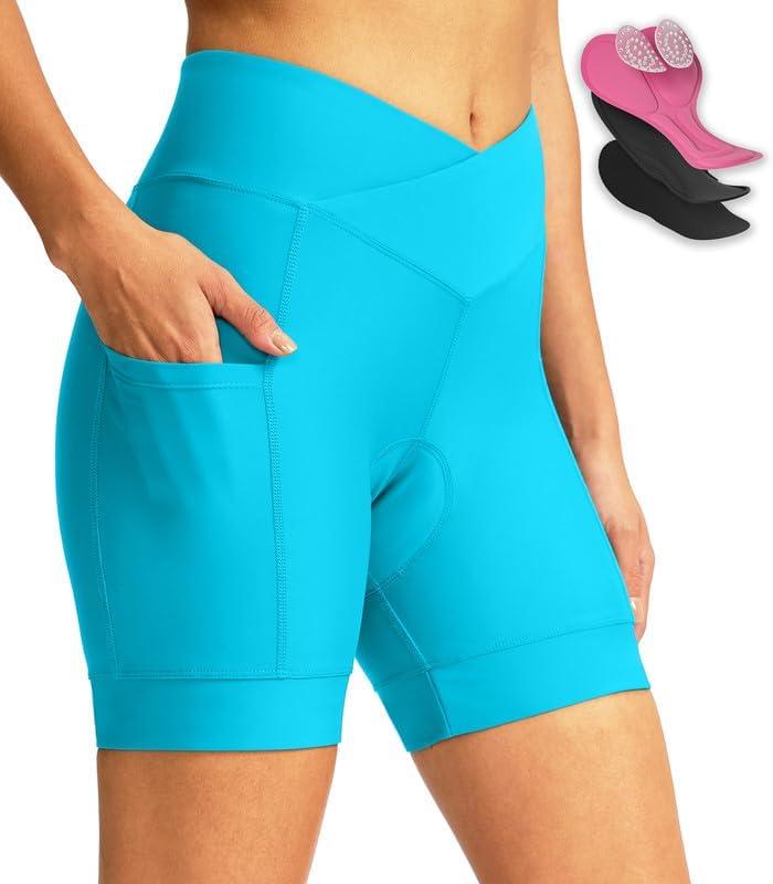 Women's Bike Shorts 4D Padded Cycling Shorts Crossover Waist Biking Shorts with Pockets Bicycle Riding (Medium)