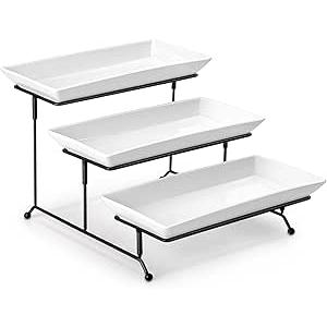 MALACASA 3 Tier Serving Trays for Party, Porcelain Serving Platters and Trays, 12 Inch Tiered Tray Stand, Fruit Tray, Trays for Serving Food, White Dessert Stand with Collapsible Sturdier Metal Rack