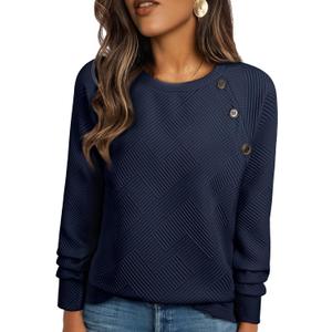 BLENCOT Crewneck Sweatshirt Long Sleeve Pullover Textured Fall Blouse Comfy | Button Business Casual Winter Blouse Loose Fit Oversized Shirts Outfits For Women Comfy Workout Tops Raglan Trendy Cozy Solid (M)