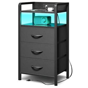 Lazzanto Night Stand Bedside Charger Bedroom - Nightstand with Charging Station & LED Light Strip, Night Stand with Storage Shelf & 3 Fabric Drawers, Morden End Table with U-S-B Ports & AC Outlets