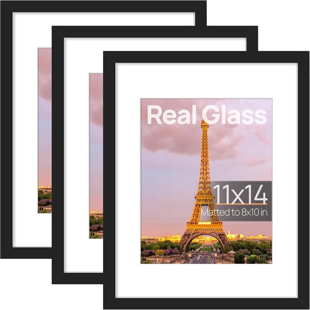 Upsimples 11x14 Picture Frame Set of 3, Made of High Definition Glass for 8x10 with Mat or 11x14 Without Mat, Wall and Tabletop Display Photo Frames, Black