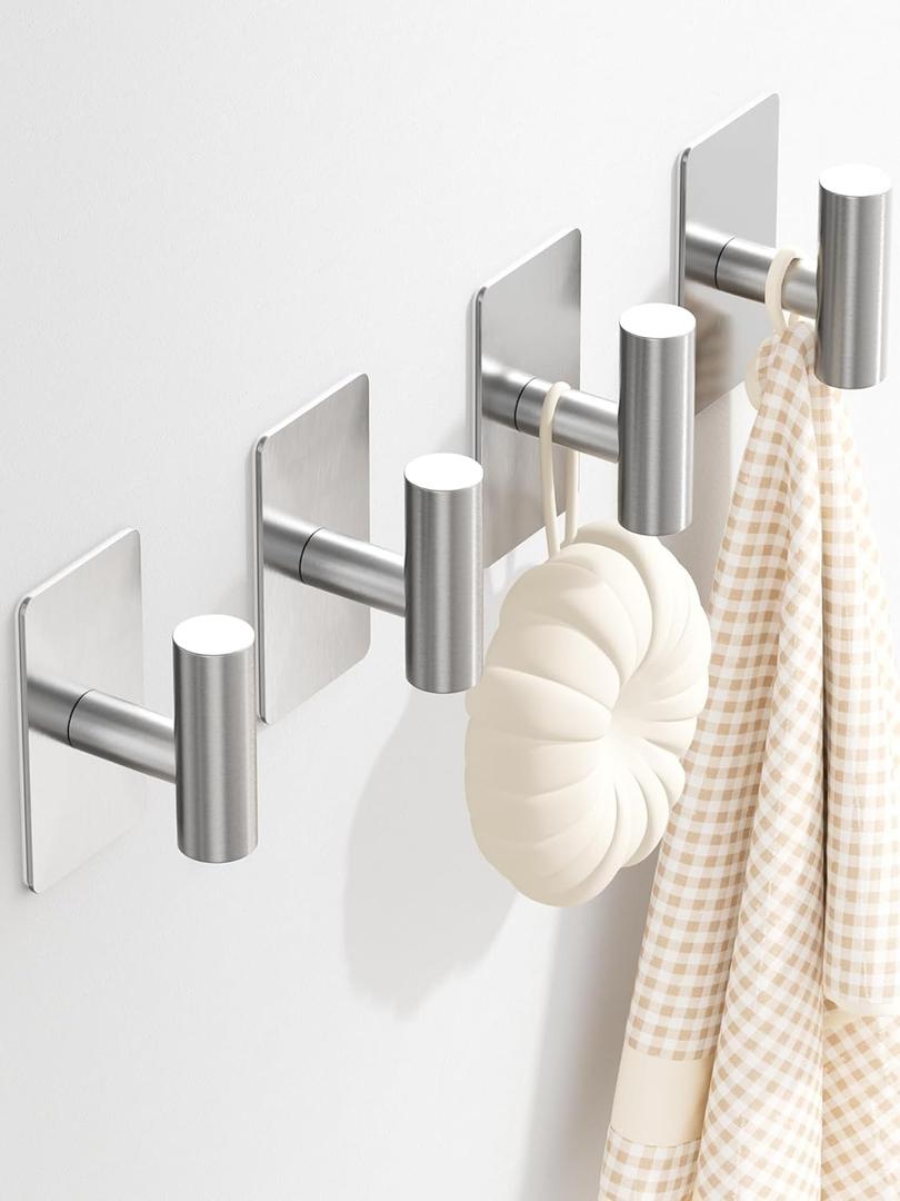 GWAAZXGZ Towel Hooks for Bathrooms  4 Pack, Brushed Silver Finish, T-Shaped Stainless Steel Adhesive Wall Hooks for Robes & Towels in Kitchen, Shower, or Closet