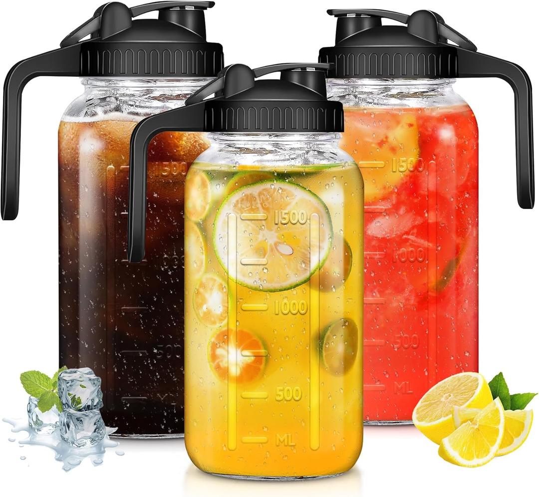 Mason Jar Pitcher with Pour Spout Handle Lid - 3PCS 64OZ Wide Mouth Glass Pitchers with Airtight Seal, Heavy Duty for Breastmilk, Cold Brew Coffee, Iced Tea, Fruit Tea