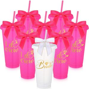 8 Pcs Bridesmaid Plastic Tumbler with Straw Lid and Twist Bow 24 oz I Do Crew and Bride Reusable Tumbler Bridal Party Proposal Gifts Bachelorette Party Gifts for Wedding Bridal Bridesmaids (Rose Red)