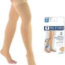 Truform 15-20 mmHg Compression Stockings for Men and Women, Thigh High Length, Dot Top, Open Toe,  Beige, Large (1 Pair)