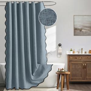 MIULEE 84" Long Scalloped Shower Curtain Linen Textured with 12 Metal Hooks Cute Extra Long Heavy Duty Washable Waterproof Cloth Shower Curtains with Black Border for Bathroom Hotel, Dusty Blue