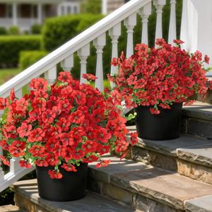 2 Set of Artificial Morning Glory & Eucalyptus Topiary Trees - Faux Silk Flower Potted Plants, UV-Resistant Fake Outdoor Morning Glory Bushes for Front Door, Yard, Farmhouse, Garden Decor (Red)